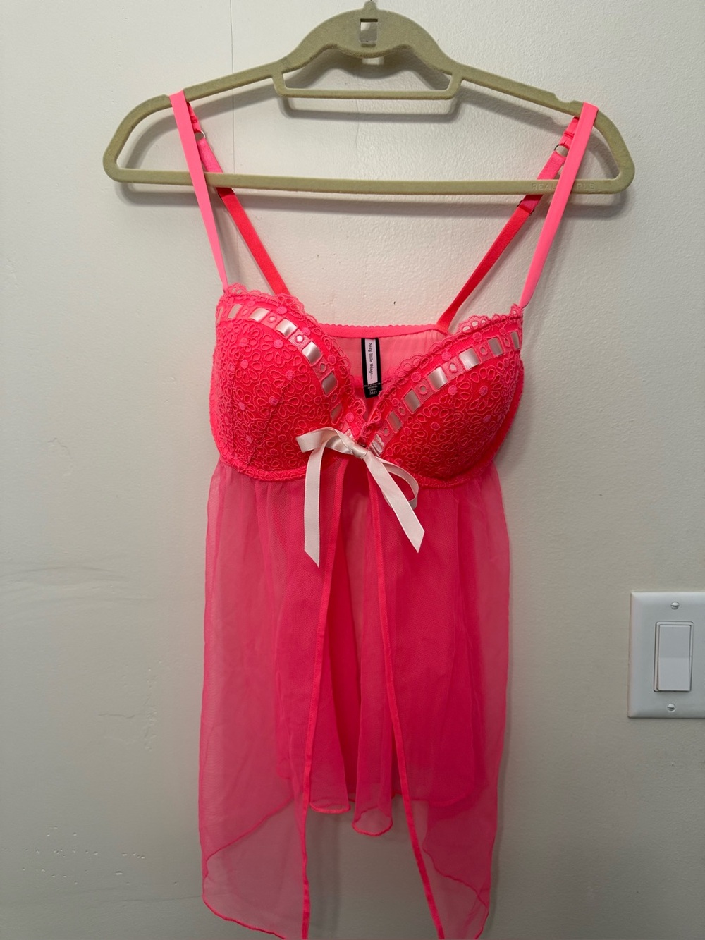 Victoria's Secret Sexy Little Things Babydoll Lingerie Pink Sheer Lace Sze 36D